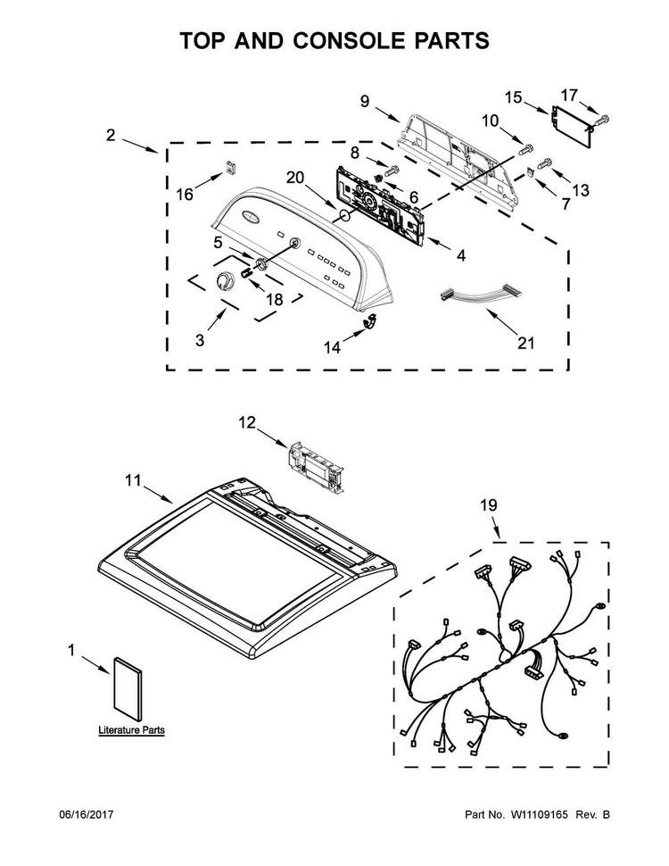 Top And Console Parts Diagram and Parts List for 4GWED5500YW3  Whirlpool Dryer