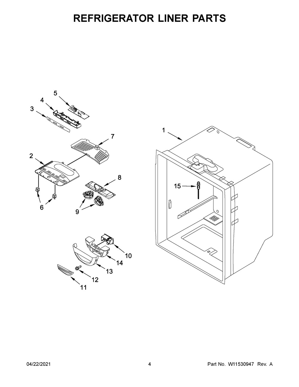 Refrigerator Liner Parts Diagram and Parts List for WRB329DFBB03  Whirlpool Refrigerator