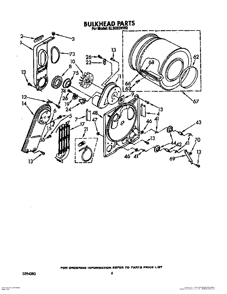 BULKHEAD Diagram and Parts List for EL3030WW0  Roper Dryer