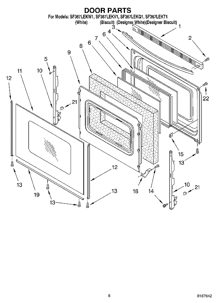 DOOR, OPTIONAL Diagram and Parts List for SF367LEKV1  Whirlpool Range