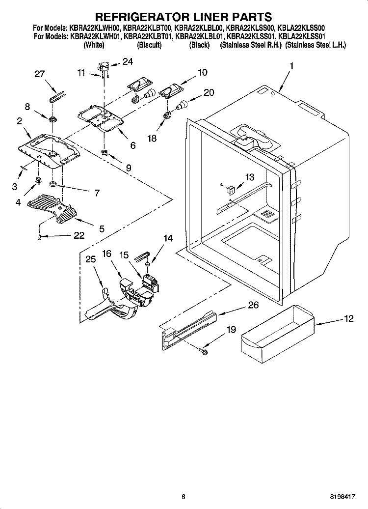 REFRIGERATOR LINER PARTS Diagram and Parts List for KBLA22KLSS01  KitchenAid Refrigerator