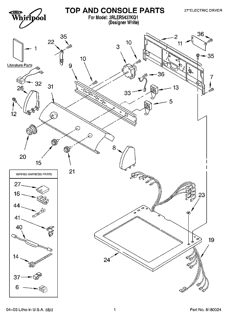 TOP AND CONSOLE PARTS Diagram and Parts List for 3RLER5437KQ1  Whirlpool Dryer