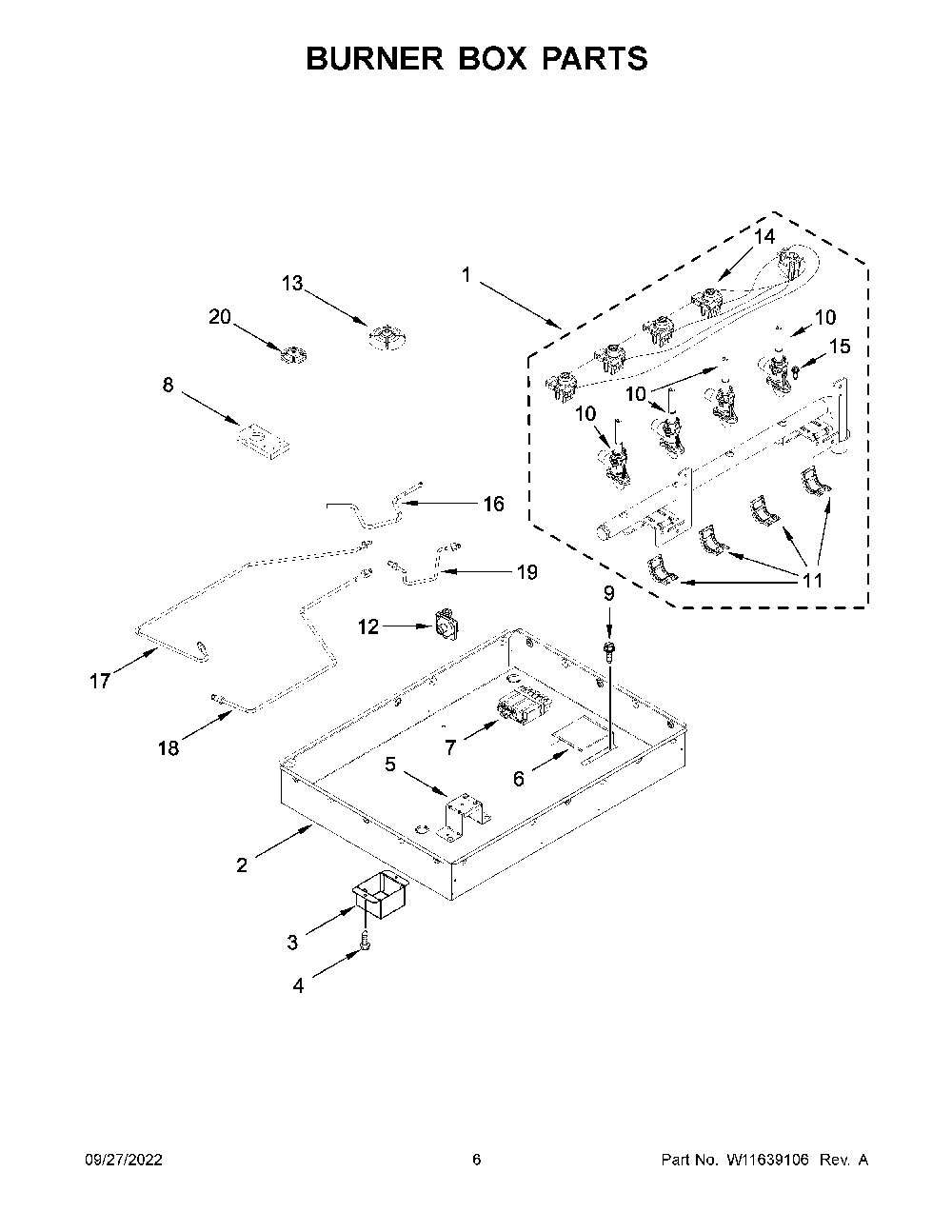 Burner Box Parts Diagram and Parts List for KCGD500GSS05  KitchenAid Cooktop