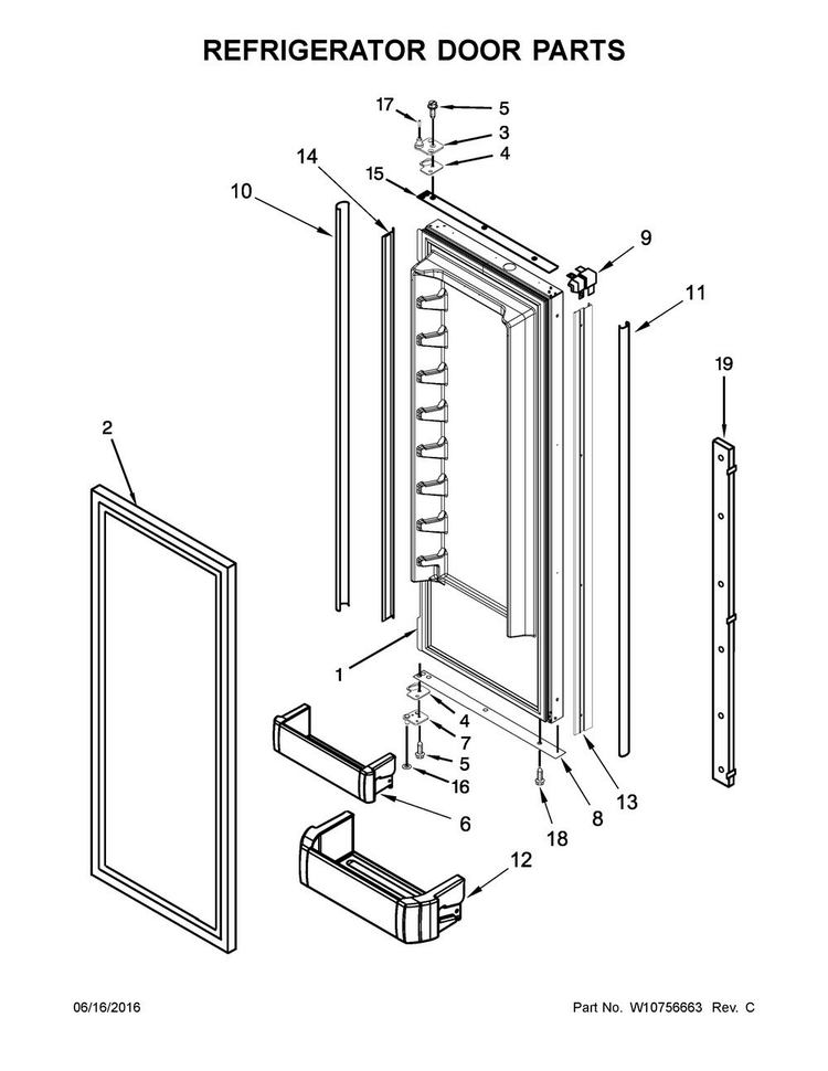 Refrigerator Door Parts Diagram and Parts List for KBFN506EPA00  KitchenAid Refrigerator