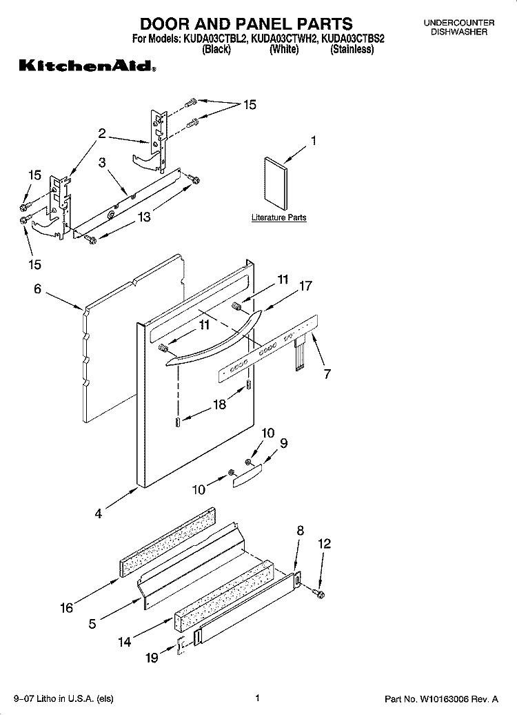DOOR AND PANEL PARTS Diagram and Parts List for KUDA03CTBL2  KitchenAid Dishwasher