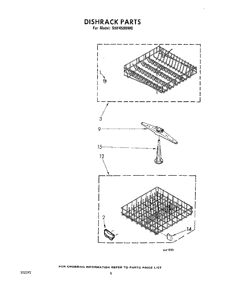 DISHRACK Diagram and Parts List for SHF4500W0  Whirlpool Dishwasher