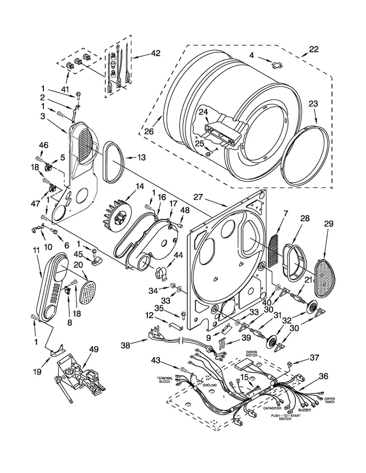 Dryer Bulkhead Parts Diagram and Parts List for 1109875279A  Kenmore Washer Dryer Combo