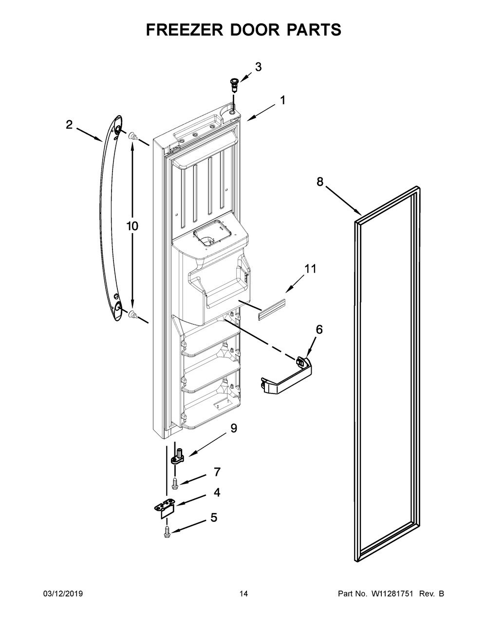 Freezer Door Parts Diagram and Parts List for WRS315SDHB01  Whirlpool Refrigerator