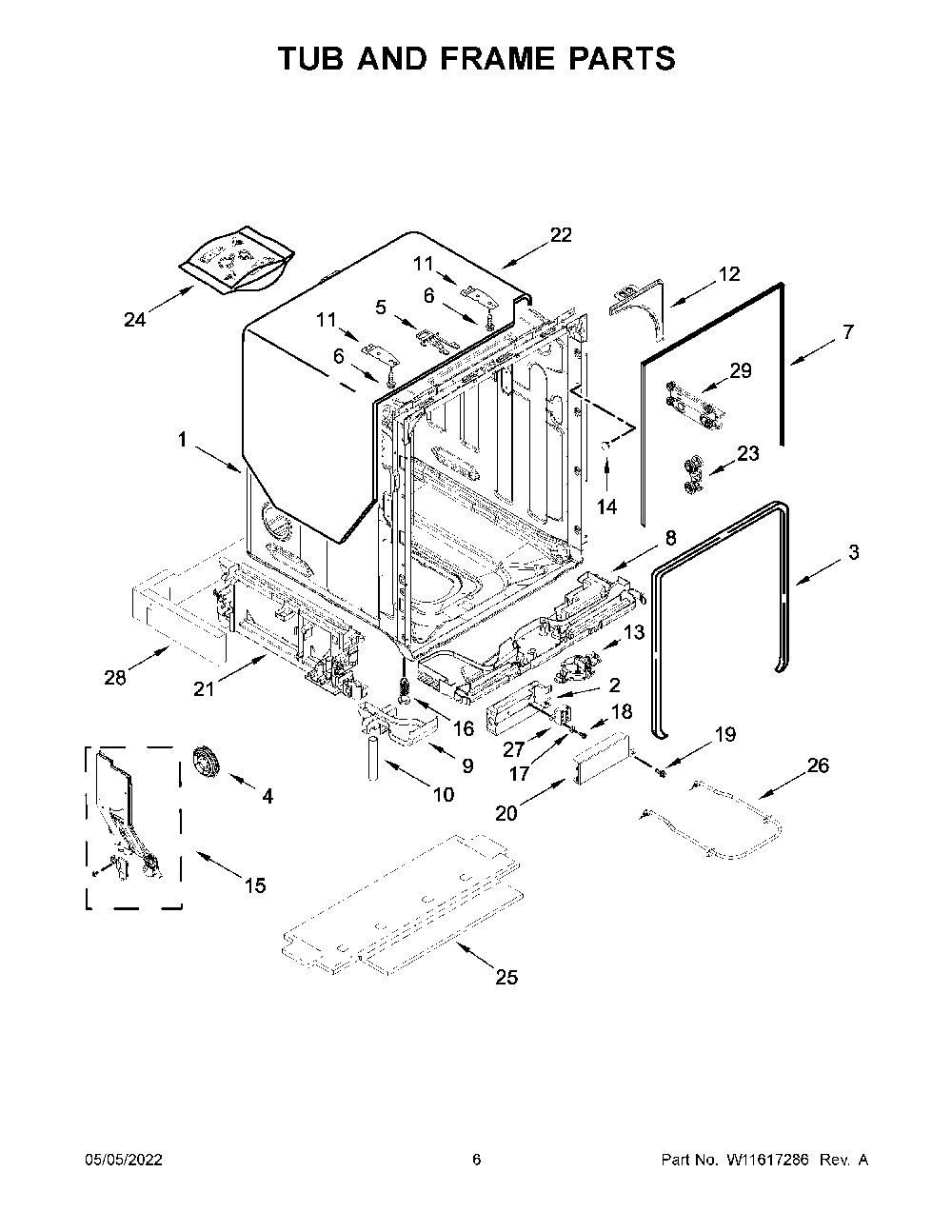Tub And Frame Parts Diagram and Parts List for KDTE204KBS1  KitchenAid Dishwasher
