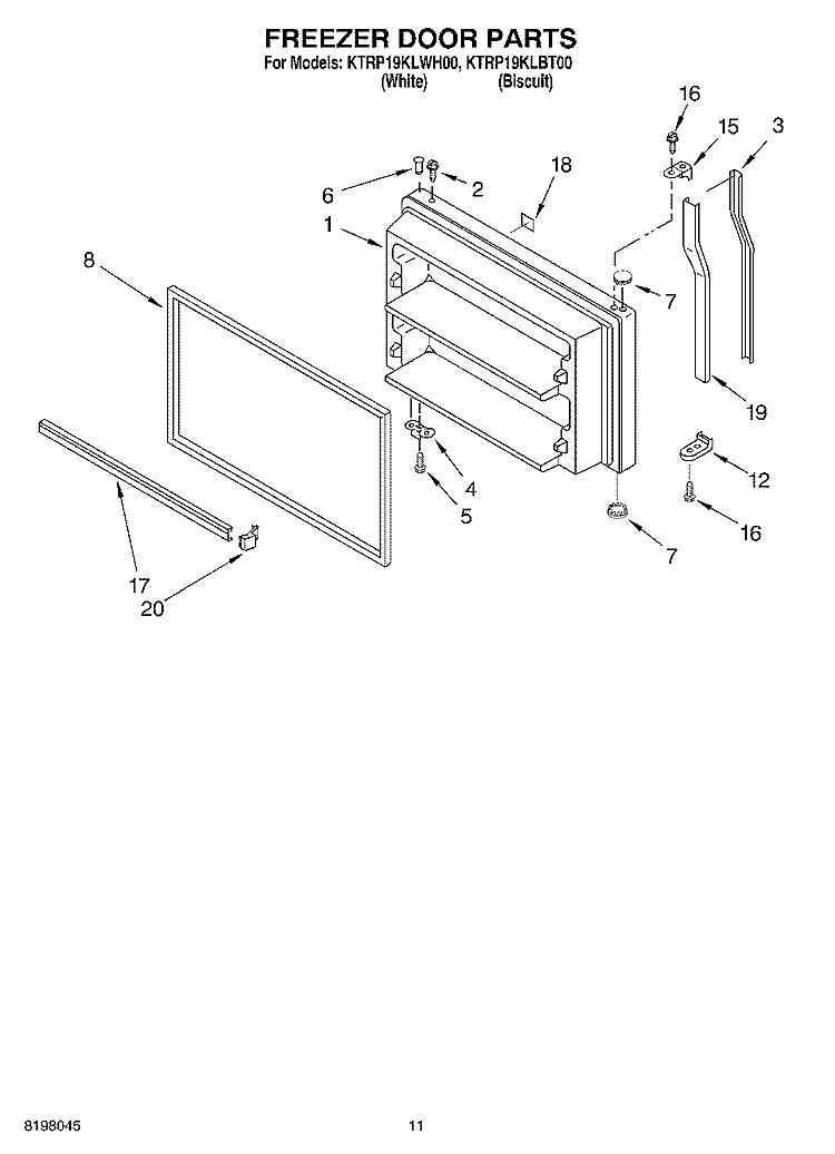 FREEZER DOOR, OPTIONAL Diagram and Parts List for KTRP19KLWH00  KitchenAid Refrigerator