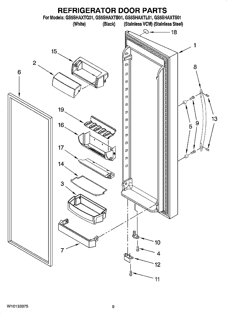 REFRIGERATOR DOOR PARTS Diagram and Parts List for GS5SHAXTL01  Whirlpool Refrigerator
