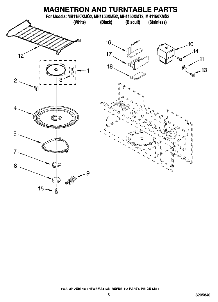 MAGNETRON AND TURNTABLE PARTS Diagram and Parts List for MH1150XMQ2  Whirlpool Microwave