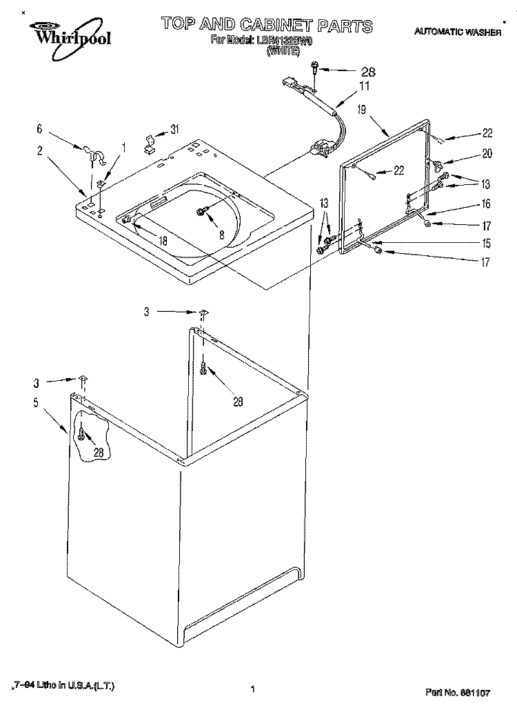 TOP AND CABINET, LIT/OPTIONAL Diagram and Parts List for LBR4132BW0  Whirlpool Washer