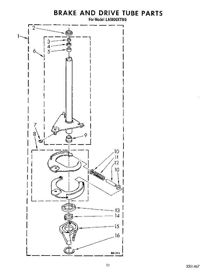 BRAKE AND DRIVE TUBE Diagram and Parts List for LA5600XTG0  Whirlpool Washer