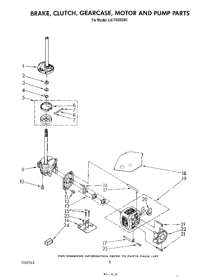 BRAKE, CLUTCH, GEARCASE, MOTOR AND PUMP Diagram and Parts List for LA7780XSW1  Whirlpool Washer