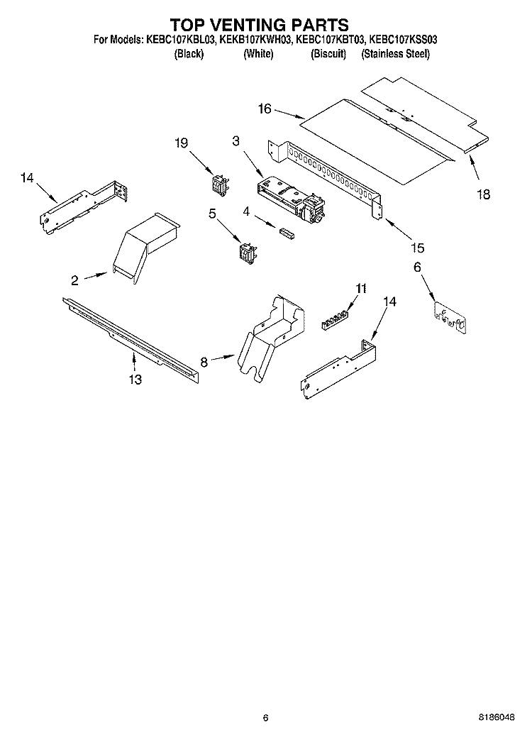 TOP VENTING PARTS, OPTIONAL PARTS Diagram and Parts List for KEKB107KWH03  KitchenAid Wall Oven