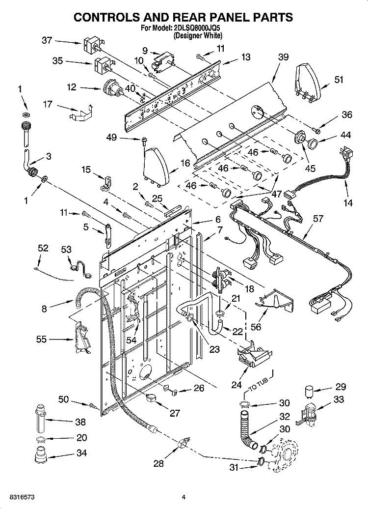 CONTROLS AND REAR PANEL PARTS Diagram and Parts List for 2DLSQ8000JQ5  Whirlpool Washer