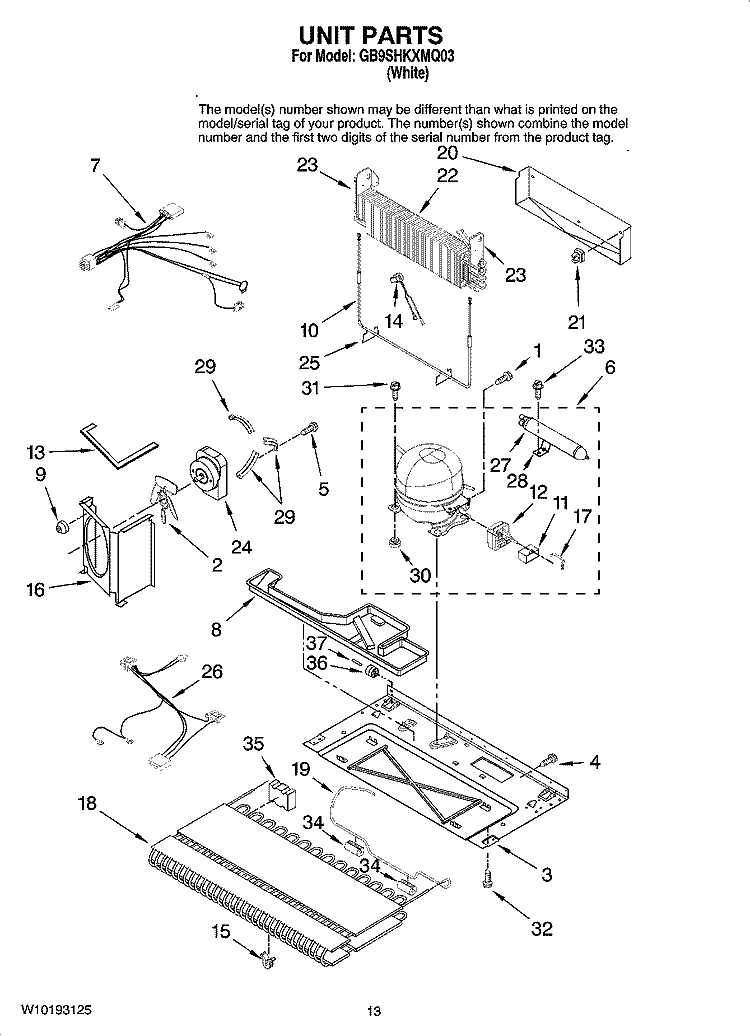 UNIT PARTS Diagram and Parts List for GB9SHKXMQ03  Whirlpool Refrigerator