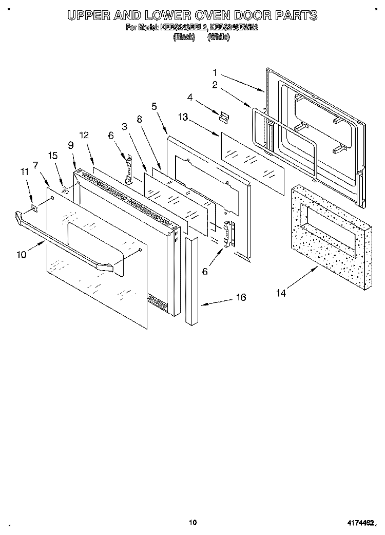UPPER AND LOWER OVEN DOOR Diagram and Parts List for KEBS246BBL2  KitchenAid Wall Oven