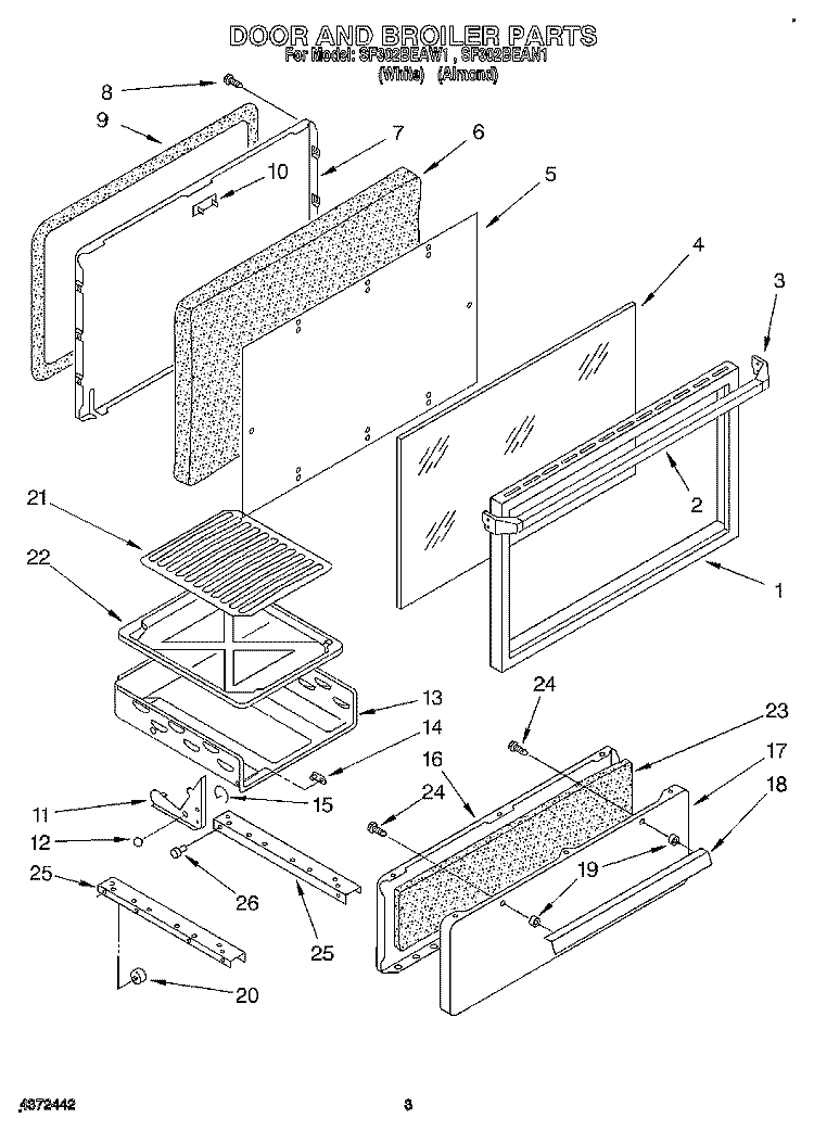 DOOR AND BROILER Diagram and Parts List for SF302BEAN1  Whirlpool Range