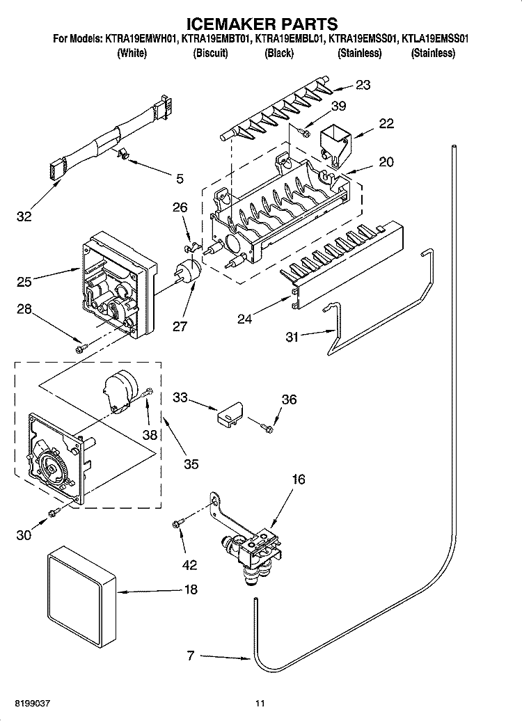 ICEMAKER PARTS Diagram and Parts List for KTRA19EMBT01  KitchenAid Refrigerator