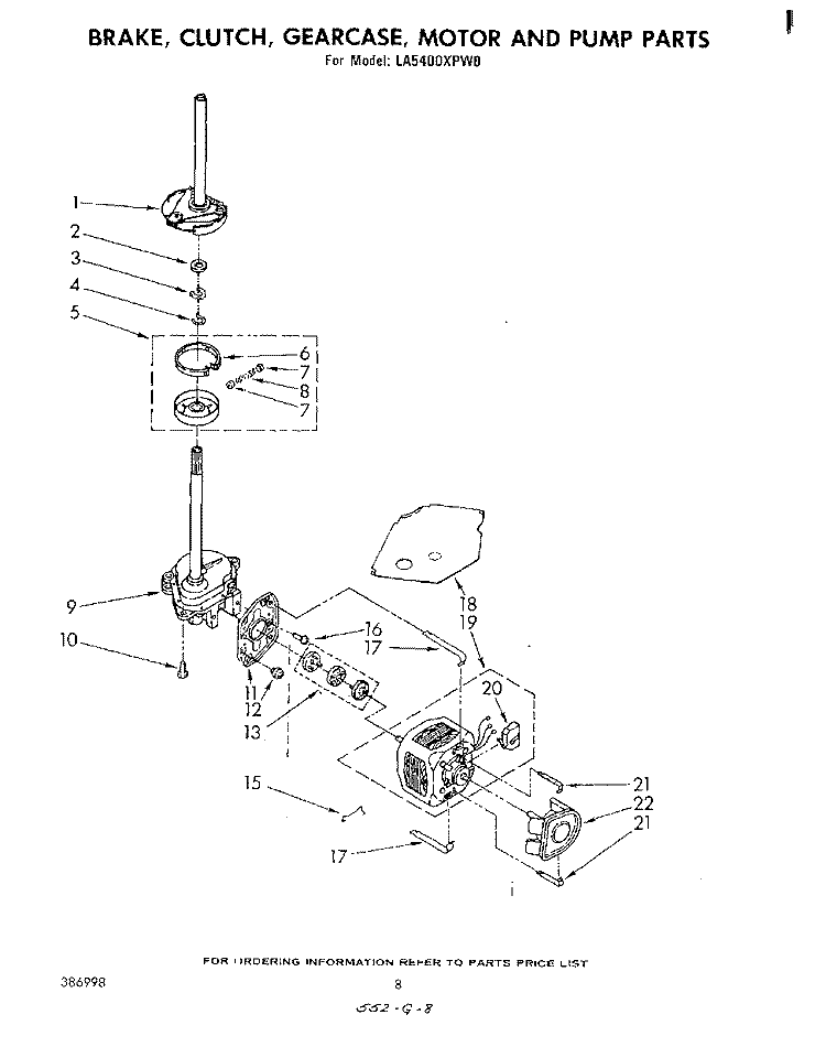 BRAKE, CLUTCH, GEARCASE, MOTOR AND PUMP Diagram and Parts List for LA5400XPW0  Whirlpool Washer