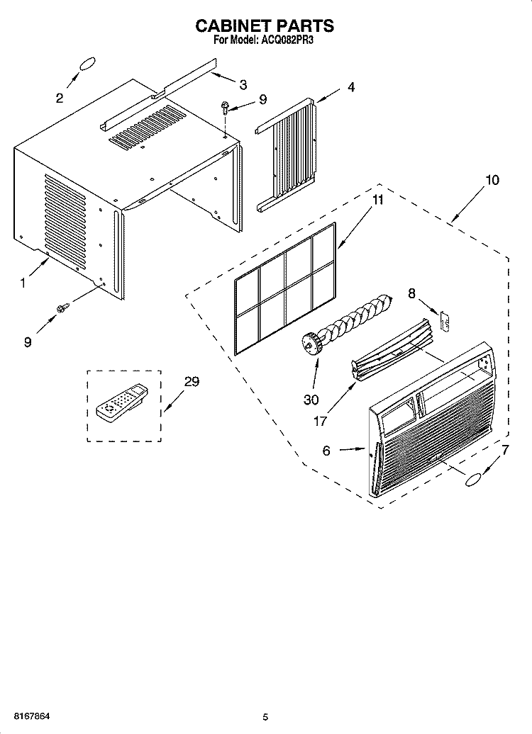 CABINET PARTS Diagram and Parts List for ACQ082PR3  Whirlpool Air Conditioner