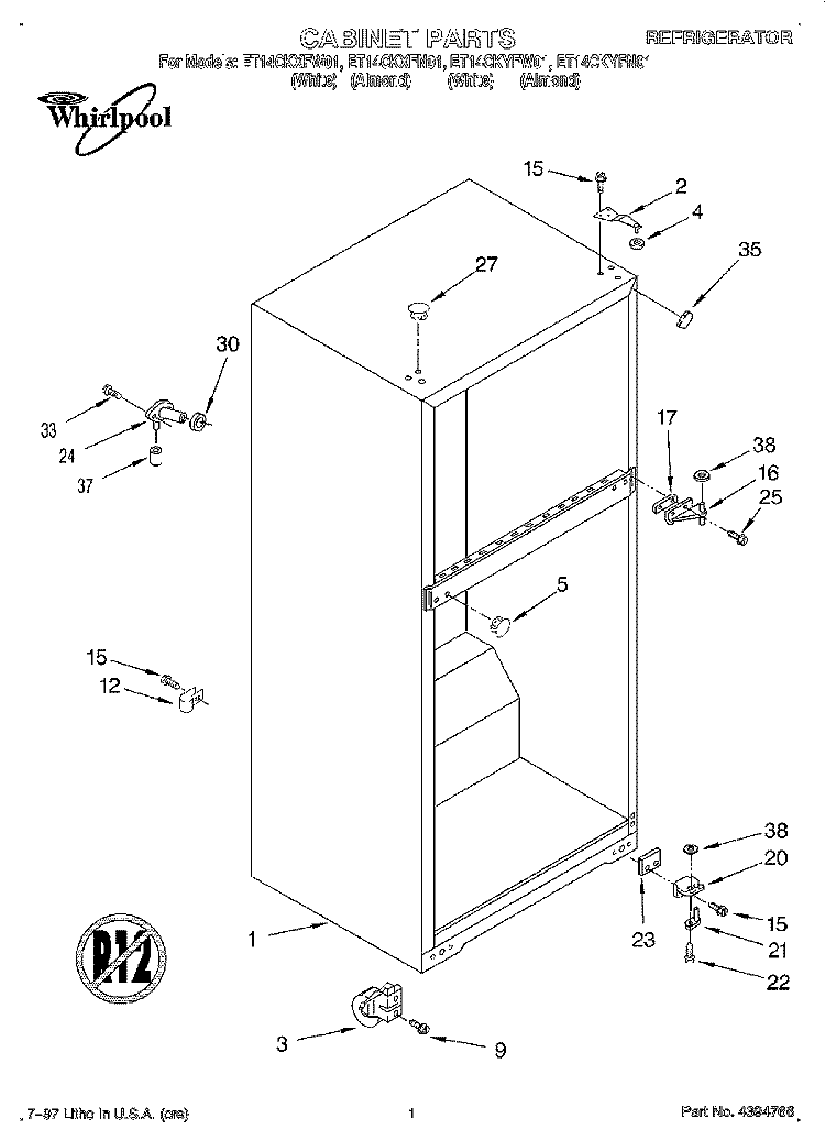 CABINET Diagram and Parts List for ET14CKYFW01  Whirlpool Refrigerator