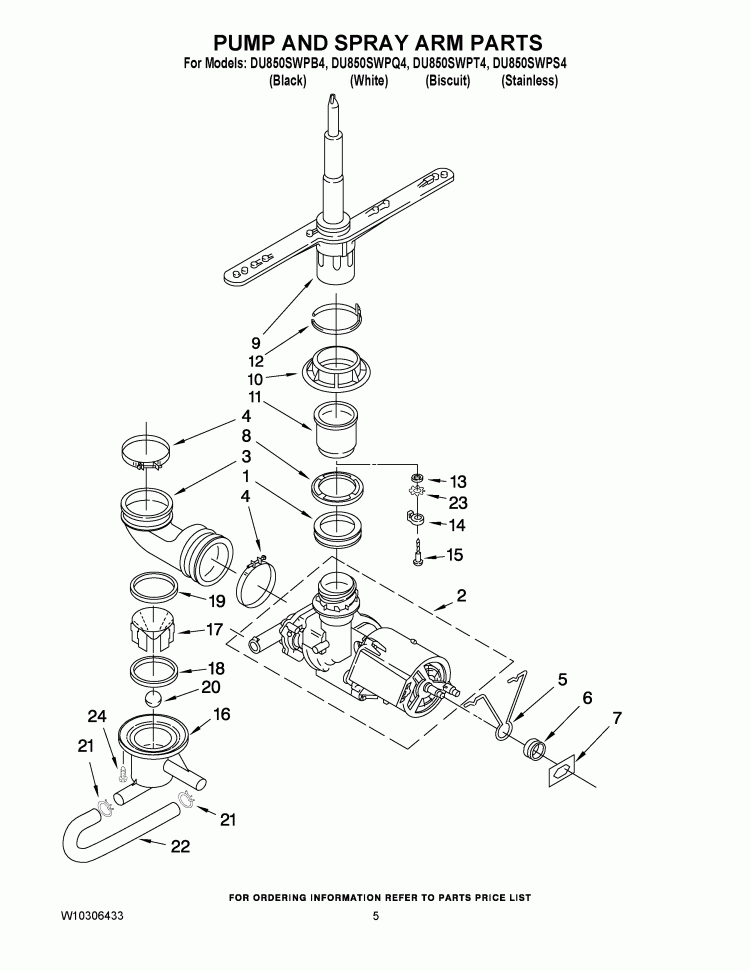 PUMP AND SPRAY ARM PARTS Diagram and Parts List for DU850SWPB4  Whirlpool Dishwasher
