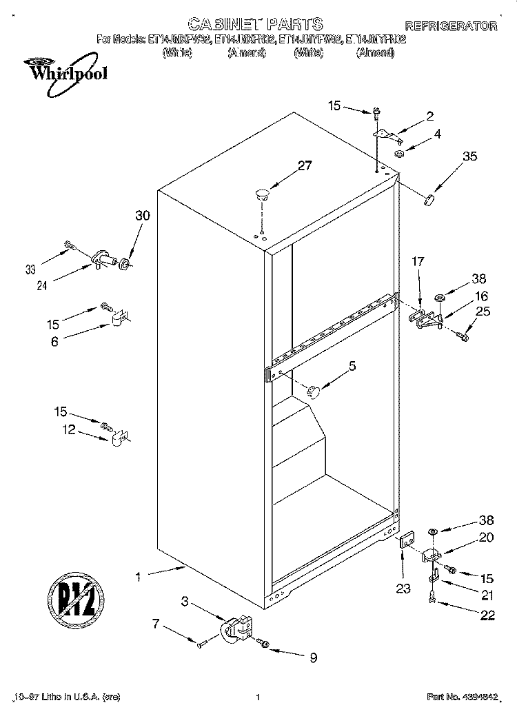 CABINET Diagram and Parts List for ET14JMXFN02  Whirlpool Refrigerator
