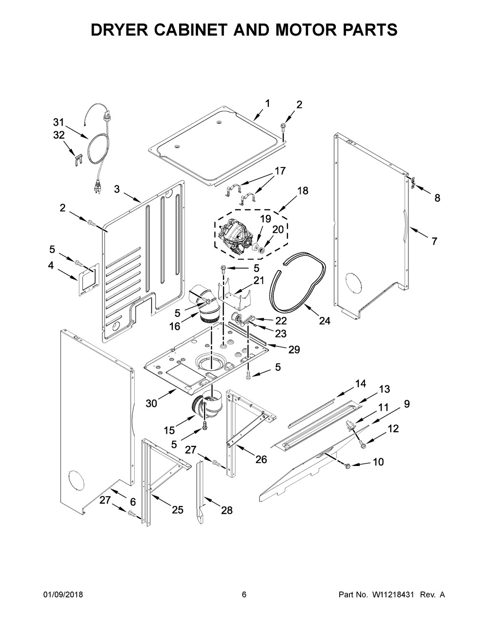 Dryer Cabinet And Motor Parts Diagram and Parts List for YWET4024HW0  Whirlpool Washer Dryer Combo