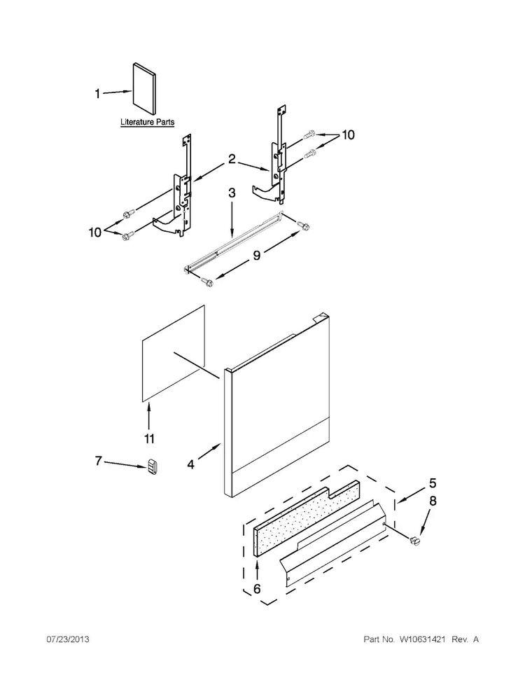 Door And Panel Parts Diagram and Parts List for WDF510PAYBA  Whirlpool Dishwasher