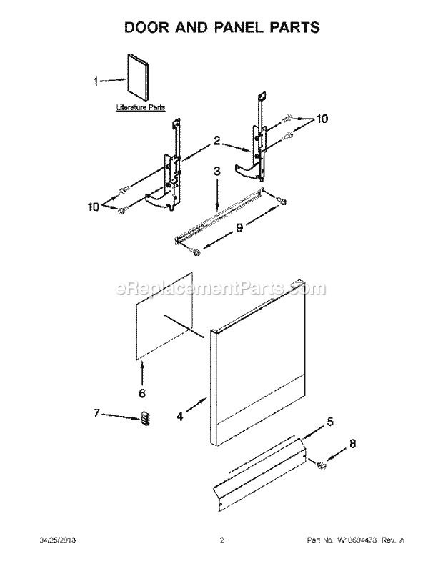 Door And Panel Parts Diagram and Parts List for ADB1400PYD2  Whirlpool Dishwasher