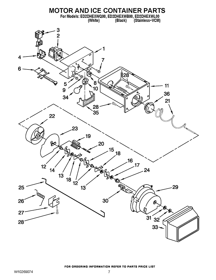 MOTOR AND ICE CONTAINER PARTS Diagram and Parts List for ED2DHEXWL00  Whirlpool Refrigerator