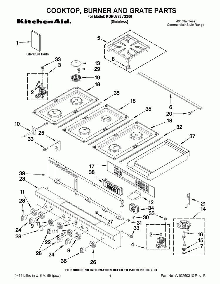 COOKTOP, BURNER AND GRATE PARTS Diagram and Parts List for KDRU783VSS00  KitchenAid Range