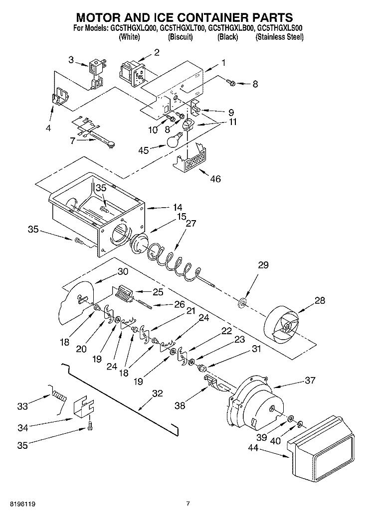 MOTOR AND ICE CONTAINER Diagram and Parts List for GC5THGXLB00  Whirlpool Refrigerator