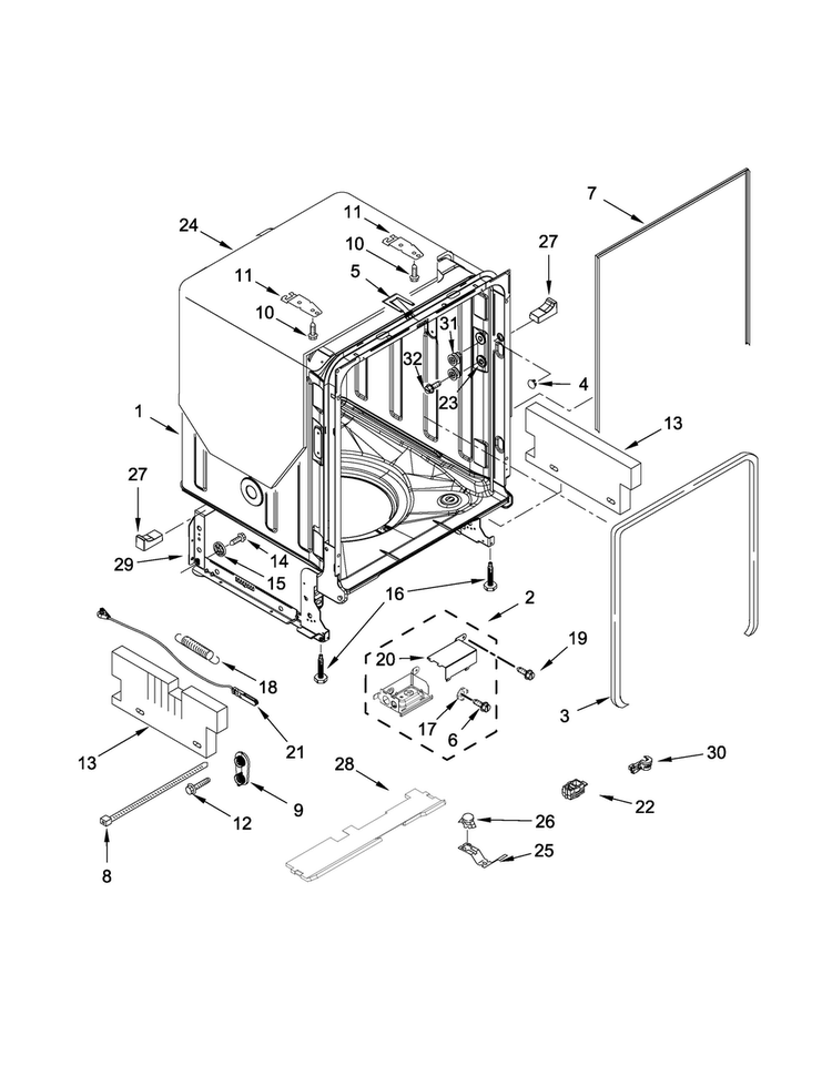 Tub And Frame Parts Diagram and Parts List for KDFE454CSS4  KitchenAid Dishwasher