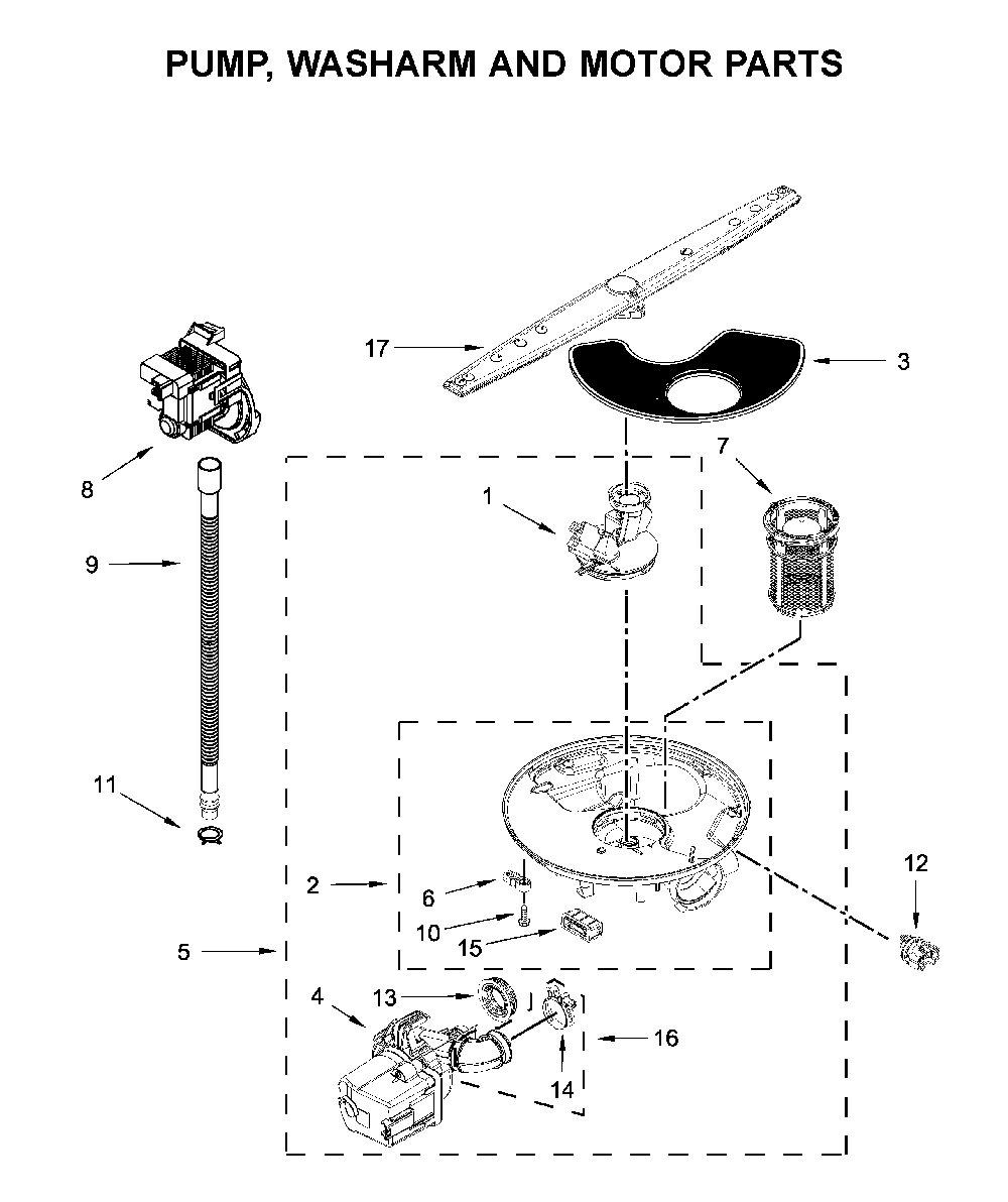 Pump, washarm and motor parts Diagram and Parts List for WDF330PAHS4  Whirlpool Dishwasher
