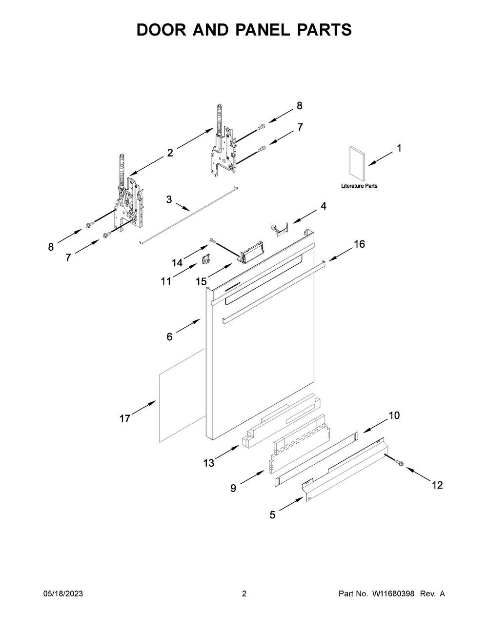Door And Panel Parts Diagram and Parts List for WDTA50SAKB2  Whirlpool Dishwasher