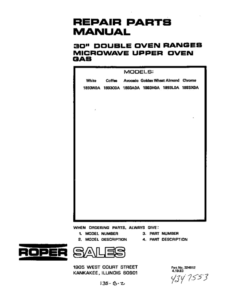 Section 6 Diagram and Parts List for 1893*0A  Roper Range