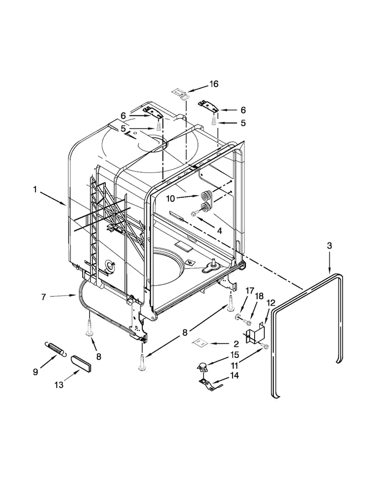 Tub And Frame Parts Diagram and Parts List for WDF110PABW3  Whirlpool Dishwasher
