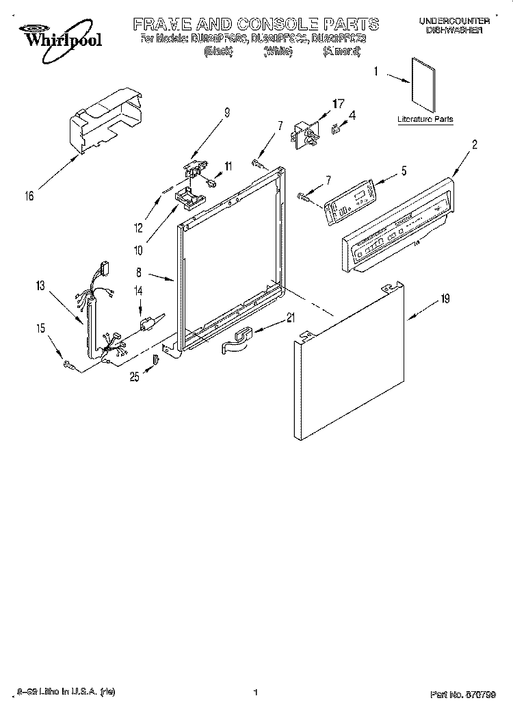 FRAME AND CONSOLE, LITERATURE Diagram and Parts List for DU920PFGQ3  Whirlpool Dishwasher