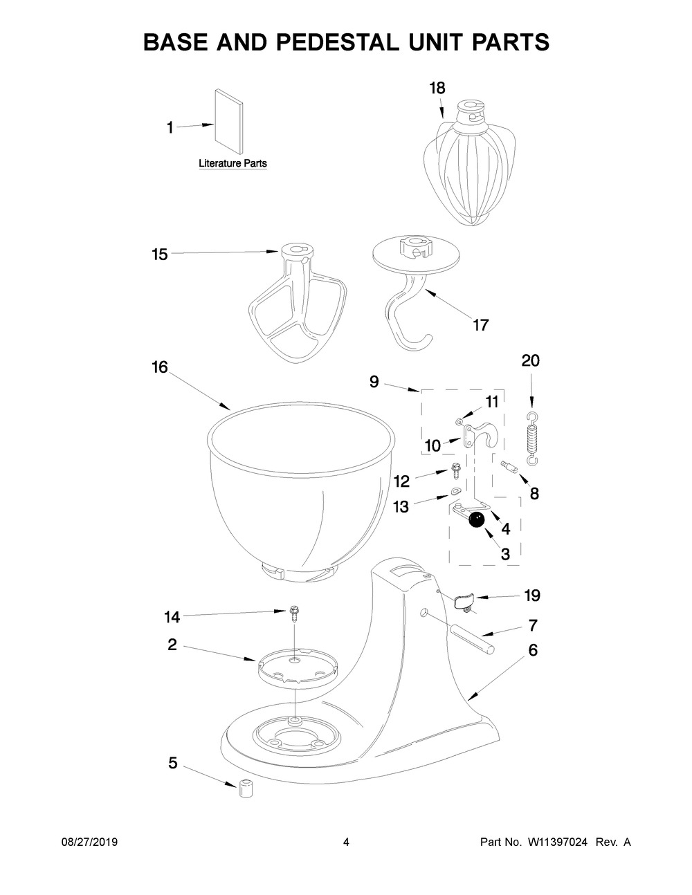 Base And Pedestal Unit Parts Diagram and Parts List for 5K45SSROB0  Whirlpool Mixer