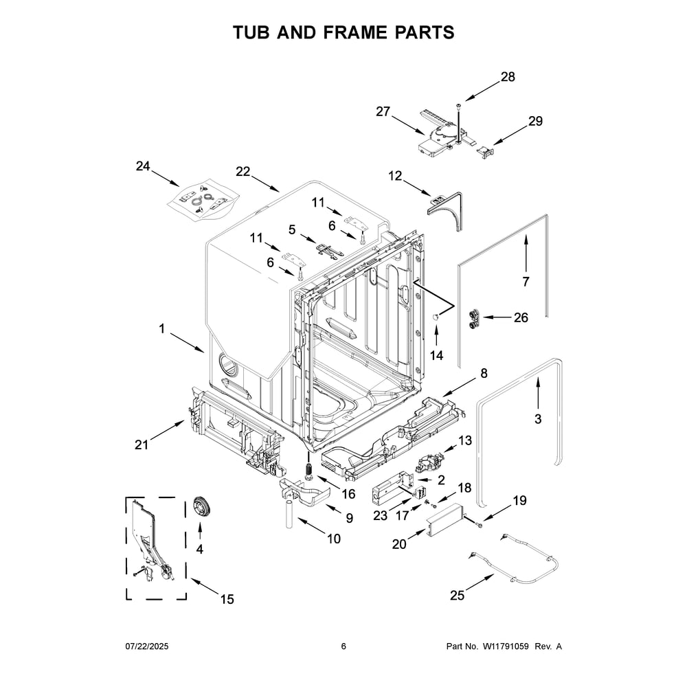 Tub And Frame Parts Diagram and Parts List for KDTS724SBE0  KitchenAid Dishwasher