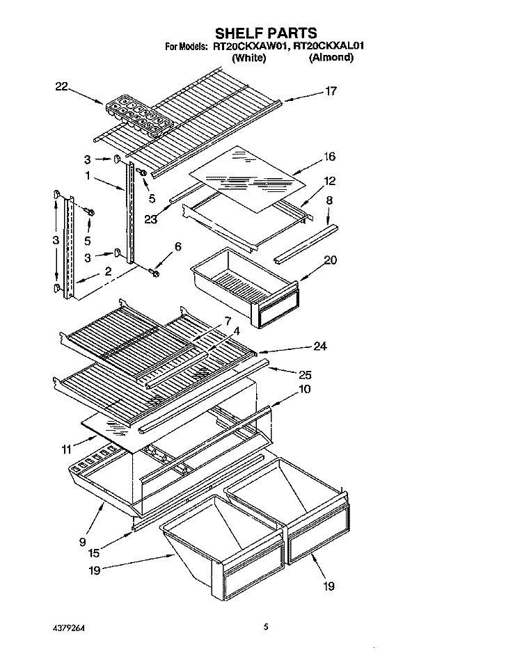 SHELF Diagram and Parts List for RT20CKXAW01  Roper Refrigerator