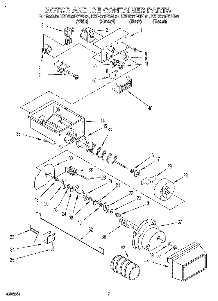 MOTOR AND ICE CONTAINER Diagram and Parts List for KSRS27FGBL01  KitchenAid Refrigerator