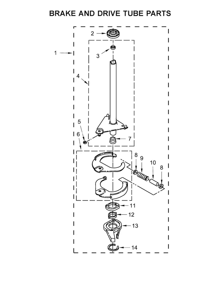 Brake And Drive Tube Parts Diagram and Parts List for WET4027EW0  Whirlpool Washer Dryer Combo