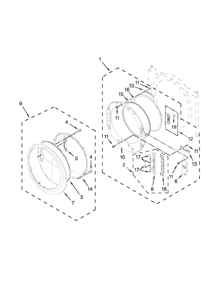 Door Parts Diagram and Parts List for WED95HEDC1  Whirlpool Dryer