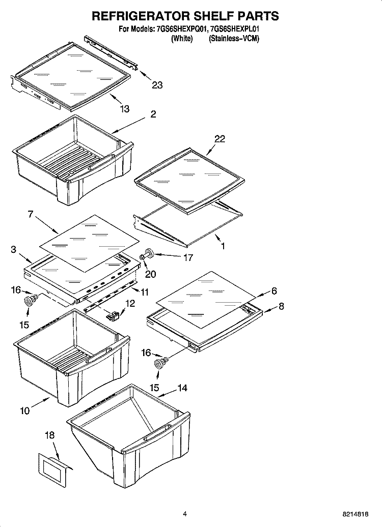 REFRIGERATOR SHELF PARTS Diagram and Parts List for 7GS6SHEXPL01  Whirlpool Refrigerator