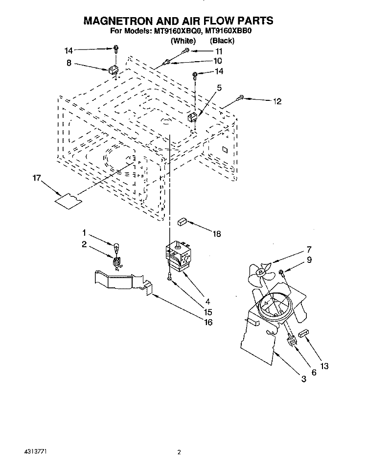 MAGNETRON AND AIR FLOW Diagram and Parts List for MT9160XBB0  Whirlpool Microwave